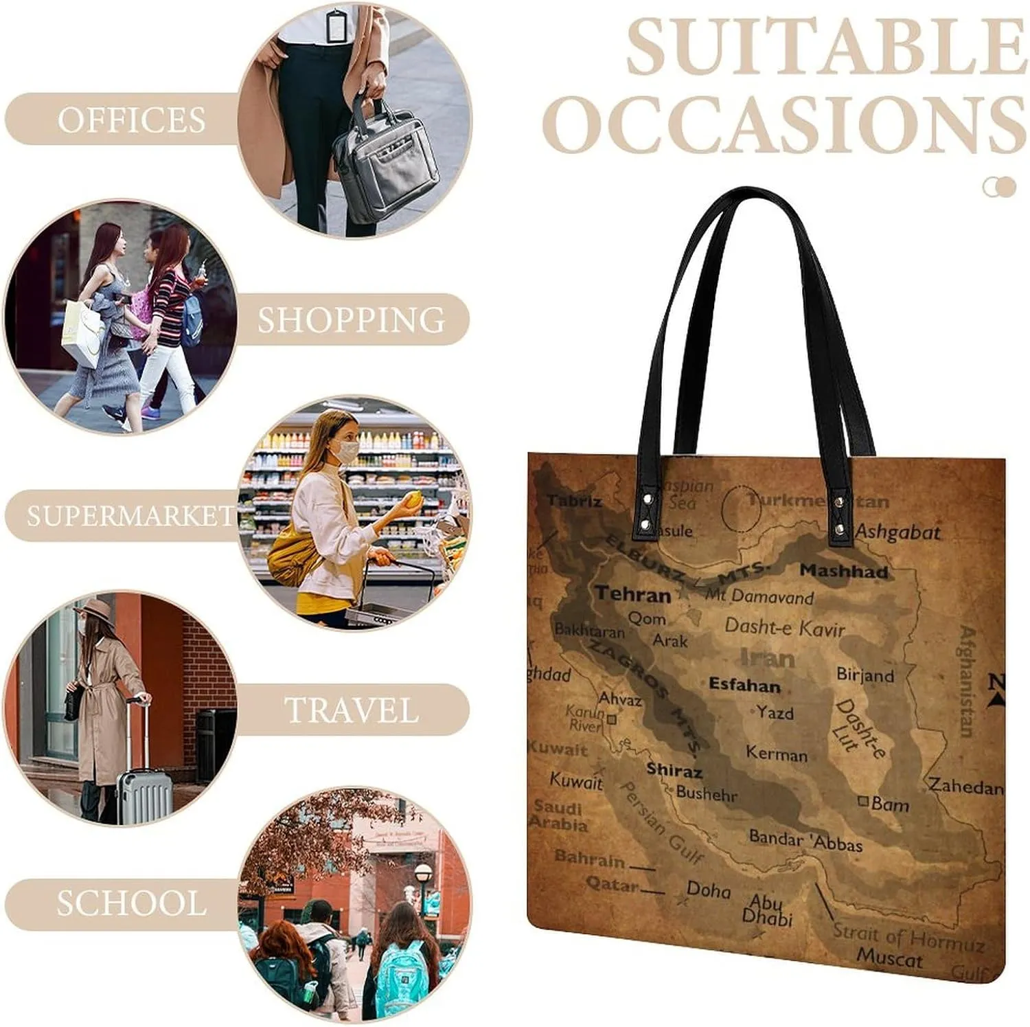 Vintage Maps of of Iran Leather Handbags Shoping Bag Women Large Capacity Beach Bag