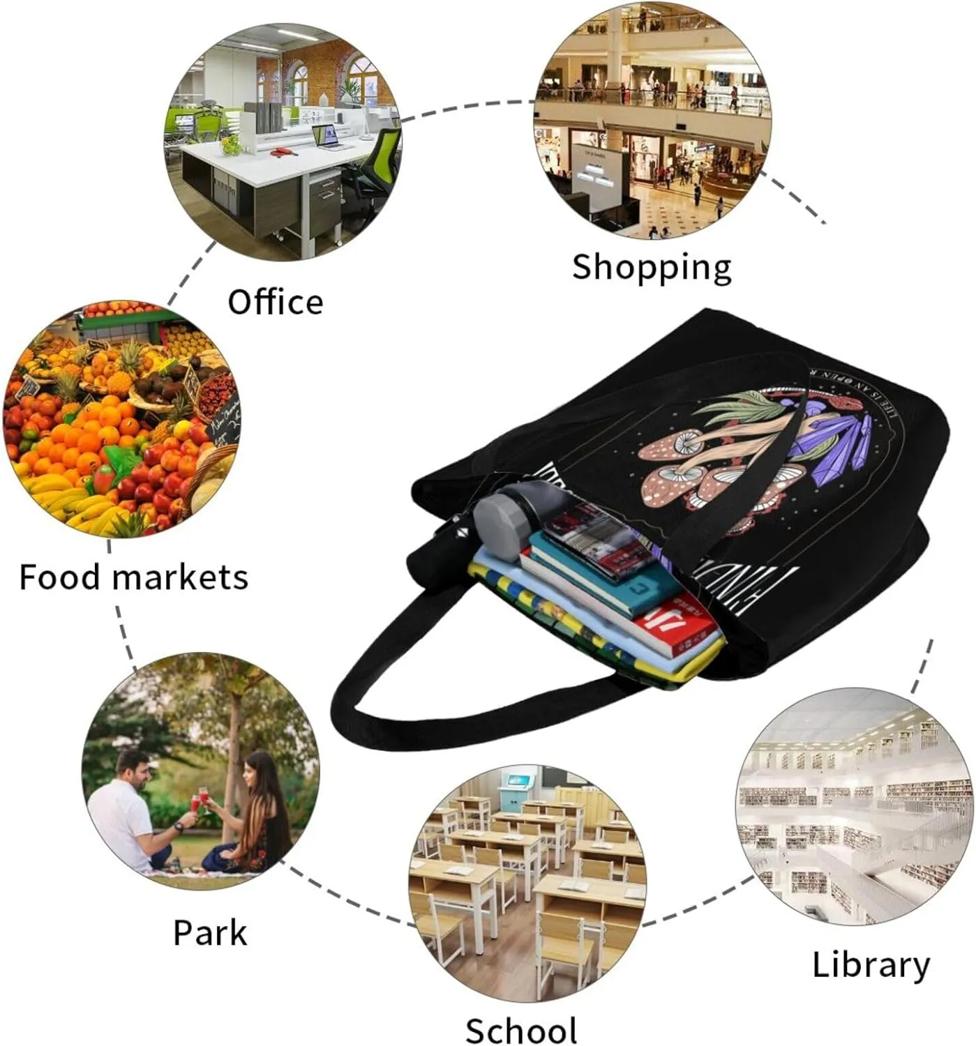 Vintage Mushrooms It's Okay to Not Be Okay Women's Tote Bag Lightweight Shopping Handbag Travel Shoulder Bag