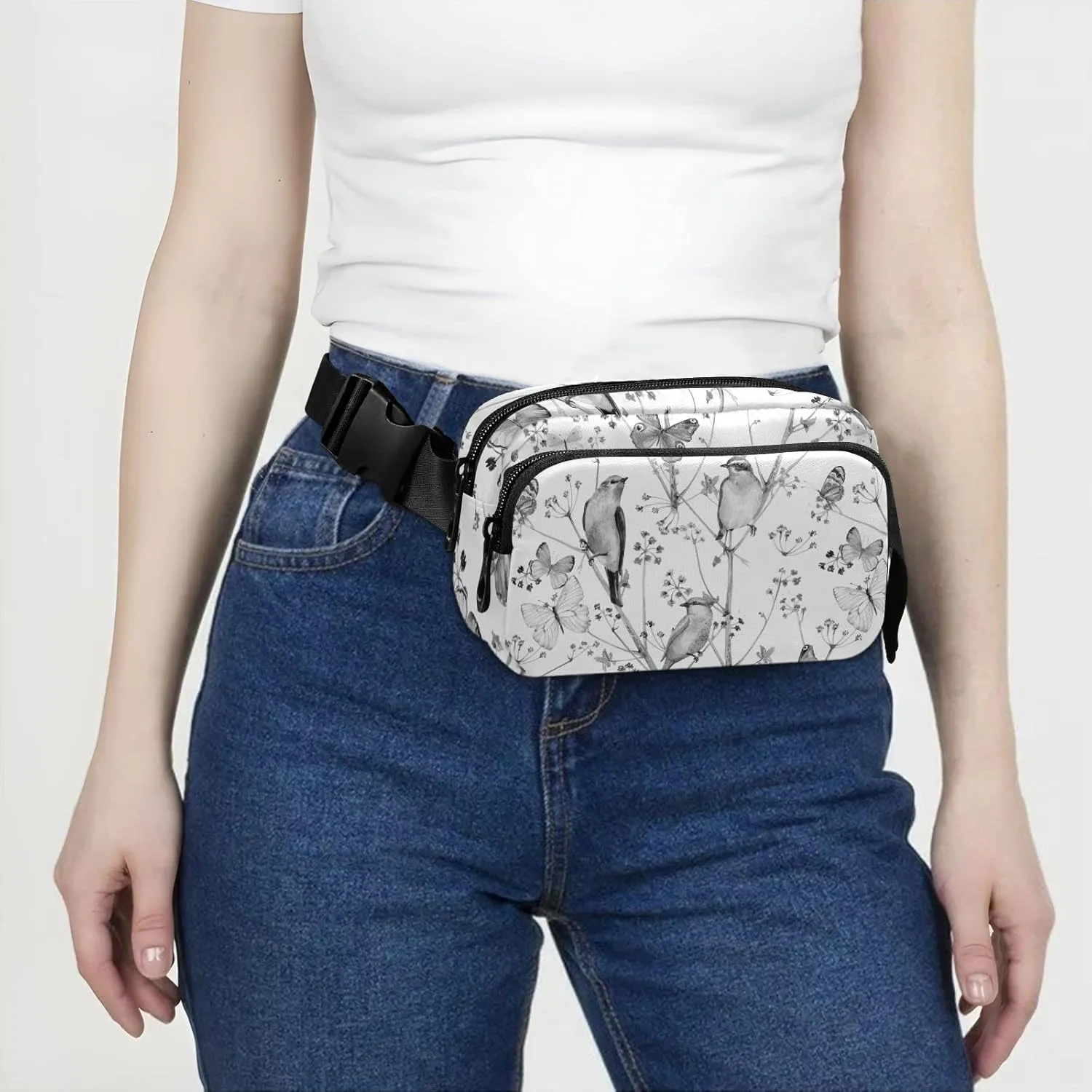 Vintage Nature Seamless Texture with Birds, Flowers Butterflies Adjustable Belt Running Bag, Crossbody Fanny Pack Waist Runners Bag Tote for Women Men Sports Hiking Fitness Exercise Gym Pouch
