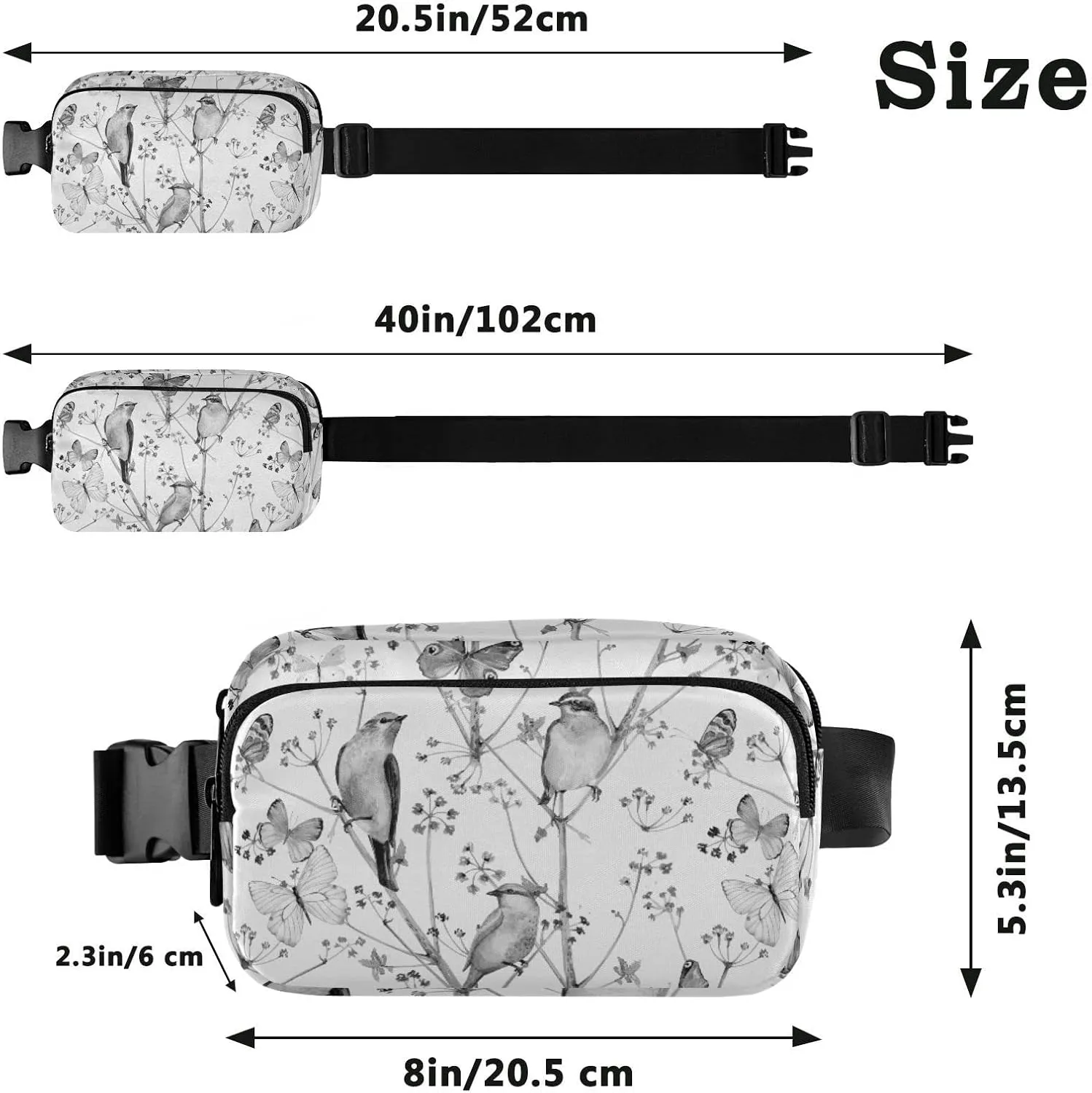 Vintage Nature Seamless Texture with Birds, Flowers Butterflies Adjustable Belt Running Bag, Crossbody Fanny Pack Waist Runners Bag Tote for Women Men Sports Hiking Fitness Exercise Gym Pouch