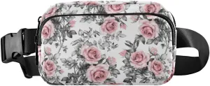 Vintage Pink Rose Flowers and Grey Leaves Seamless on White Adjustable Belt Running Bag, Crossbody Fanny Pack Waist Runners Bag Tote for Women Men Sports Hiking Fitness Exercise Gym Pouch