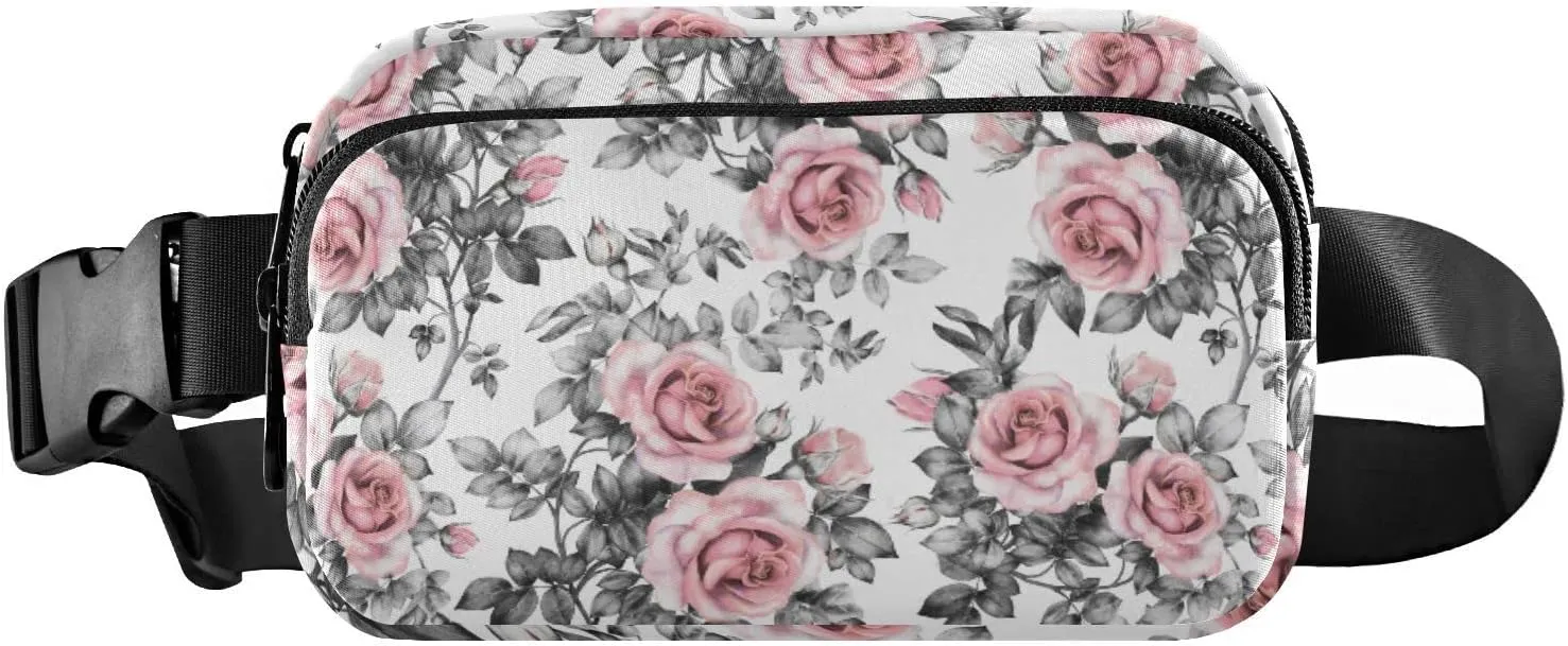 Vintage Pink Rose Flowers and Grey Leaves Seamless on White Adjustable Belt Running Bag, Crossbody Fanny Pack Waist Runners Bag Tote for Women Men Sports Hiking Fitness Exercise Gym Pouch