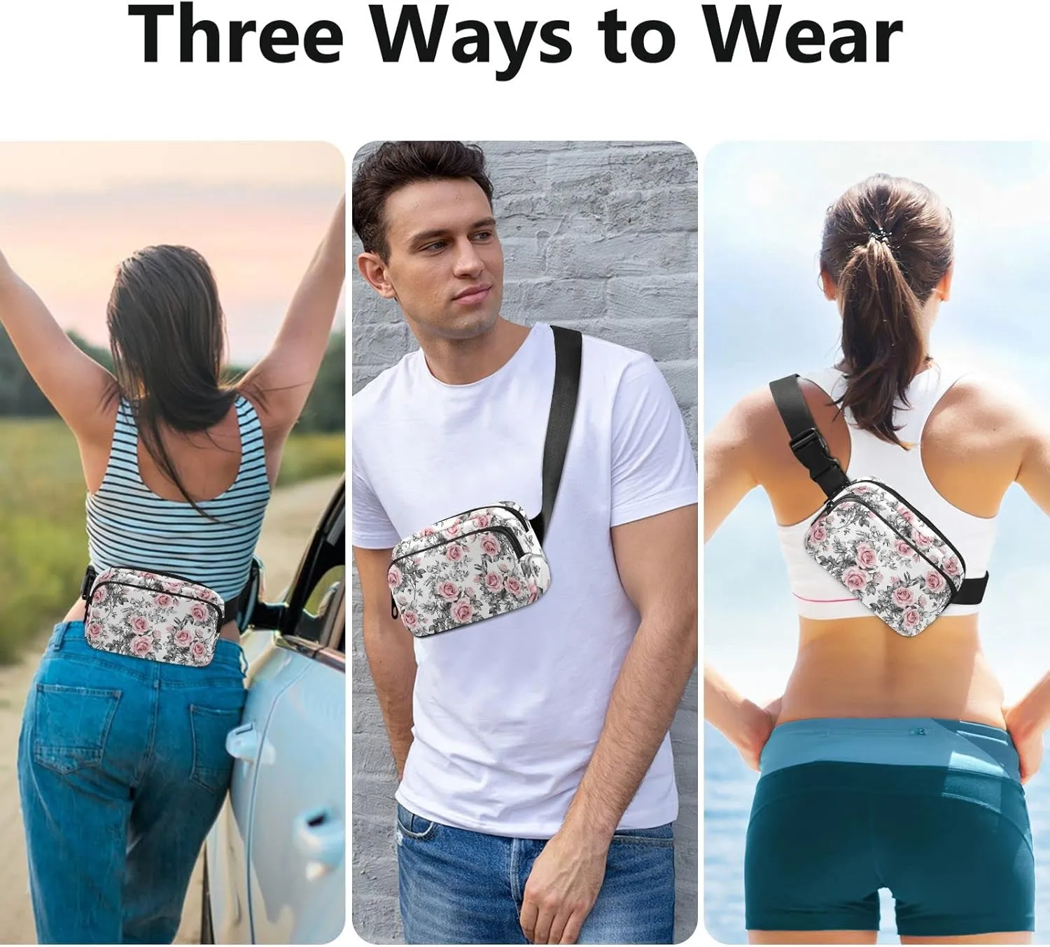 Vintage Pink Rose Flowers and Grey Leaves Seamless on White Adjustable Belt Running Bag, Crossbody Fanny Pack Waist Runners Bag Tote for Women Men Sports Hiking Fitness Exercise Gym Pouch