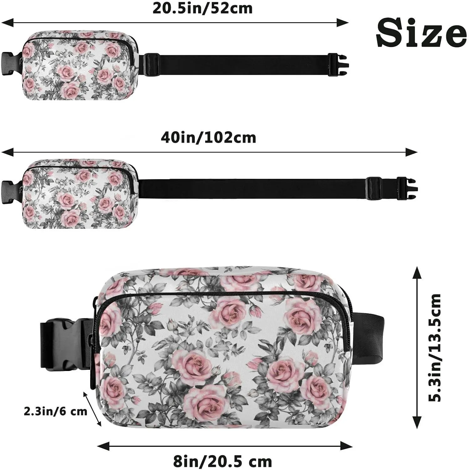 Vintage Pink Rose Flowers and Grey Leaves Seamless on White Adjustable Belt Running Bag, Crossbody Fanny Pack Waist Runners Bag Tote for Women Men Sports Hiking Fitness Exercise Gym Pouch