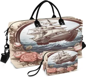 Vintage Ship Rose Voyage Sports Gym Bag for Women Men Travel Duffel Bag Weekend Overnight Carry on Bag with Toiletry Bag Yoga Bag for Plane Hospital Swimming Yoga Workout