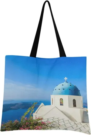 visesunny Santorini Greece The Morning Mediterranean Floral Water Resistant Large Tote Bag with Inner Pocket Shoulder Bag for Gym Beach Travel Daily Bags