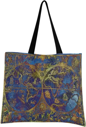 visesunny Water Resistant Large Tote Bag with Inner Pocket Vintage Blue World Atlas Map Floral Shoulder Bag for Gym Beach Travel Daily Bags