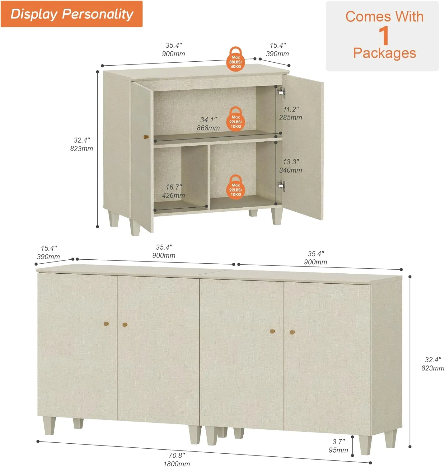 WAMPAT Buffet Cabinets Sideboards, 70.8" Wood Credenza Console Tables with 4 Doors, 2-in-1 Kitchen Storage Cabinets with 6 Compartments & Solid Wood Legs for Living Room, Hallway, Beige