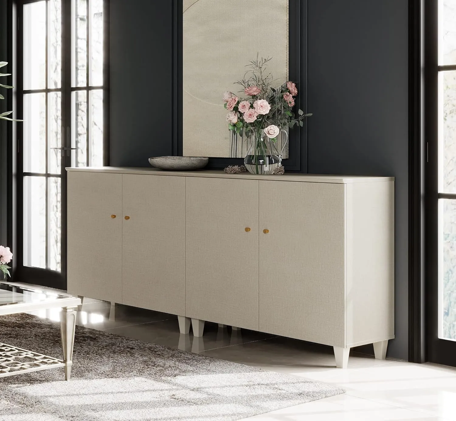 WAMPAT Buffet Cabinets Sideboards, 70.8" Wood Credenza Console Tables with 4 Doors, 2-in-1 Kitchen Storage Cabinets with 6 Compartments & Solid Wood Legs for Living Room, Hallway, Beige