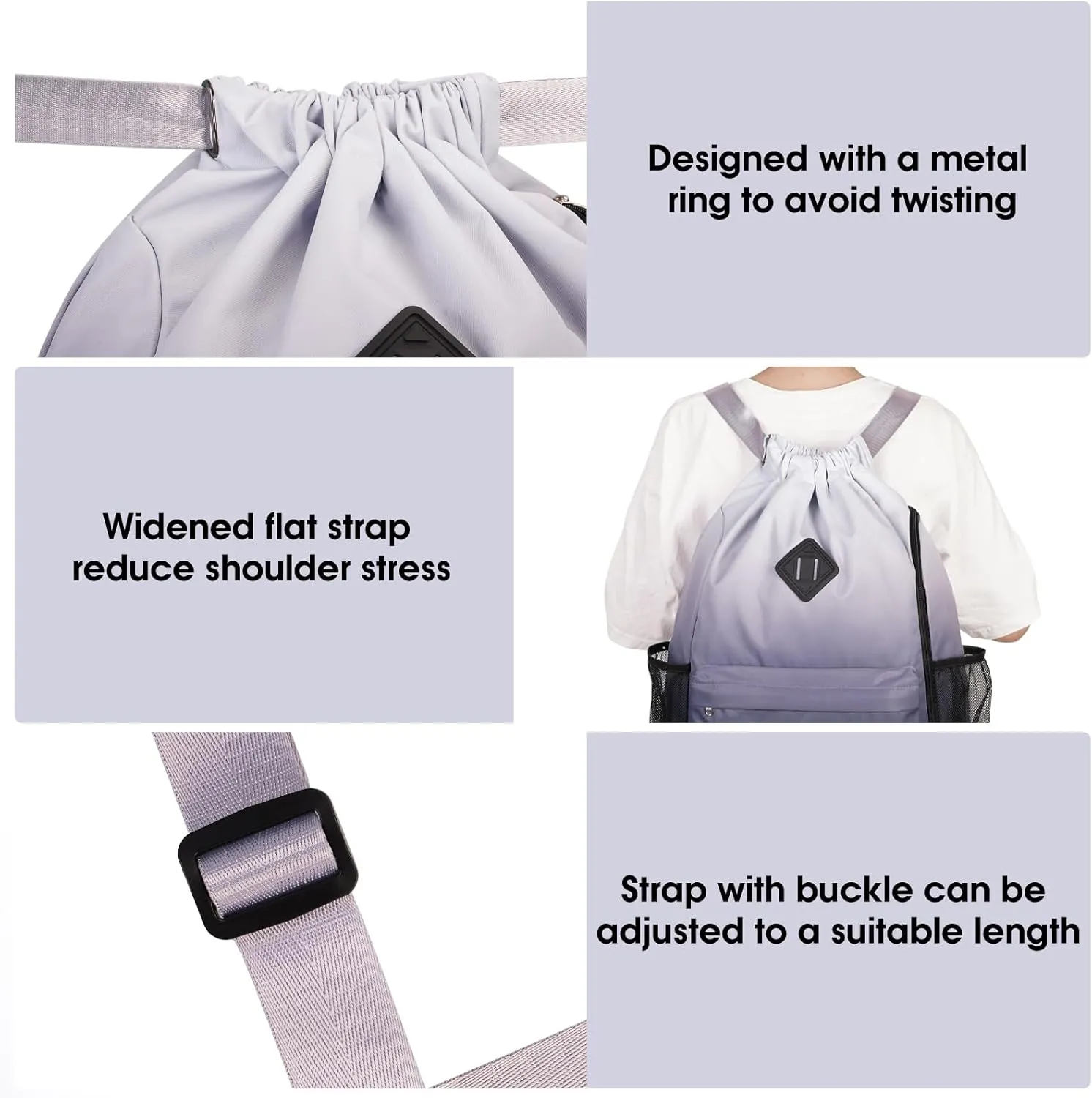 WANDF Drawstring Backpack Sports Gym Bag with Shoes Compartment, Water-Resistant String Backpack Cinch Bag for Women Men (Grey Gradient)