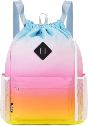 WANDF Drawstring Backpack Sports Gym Bag with Shoes Compartment, Water-Resistant String Backpack Cinch Bag for Women Men (Rainbow)