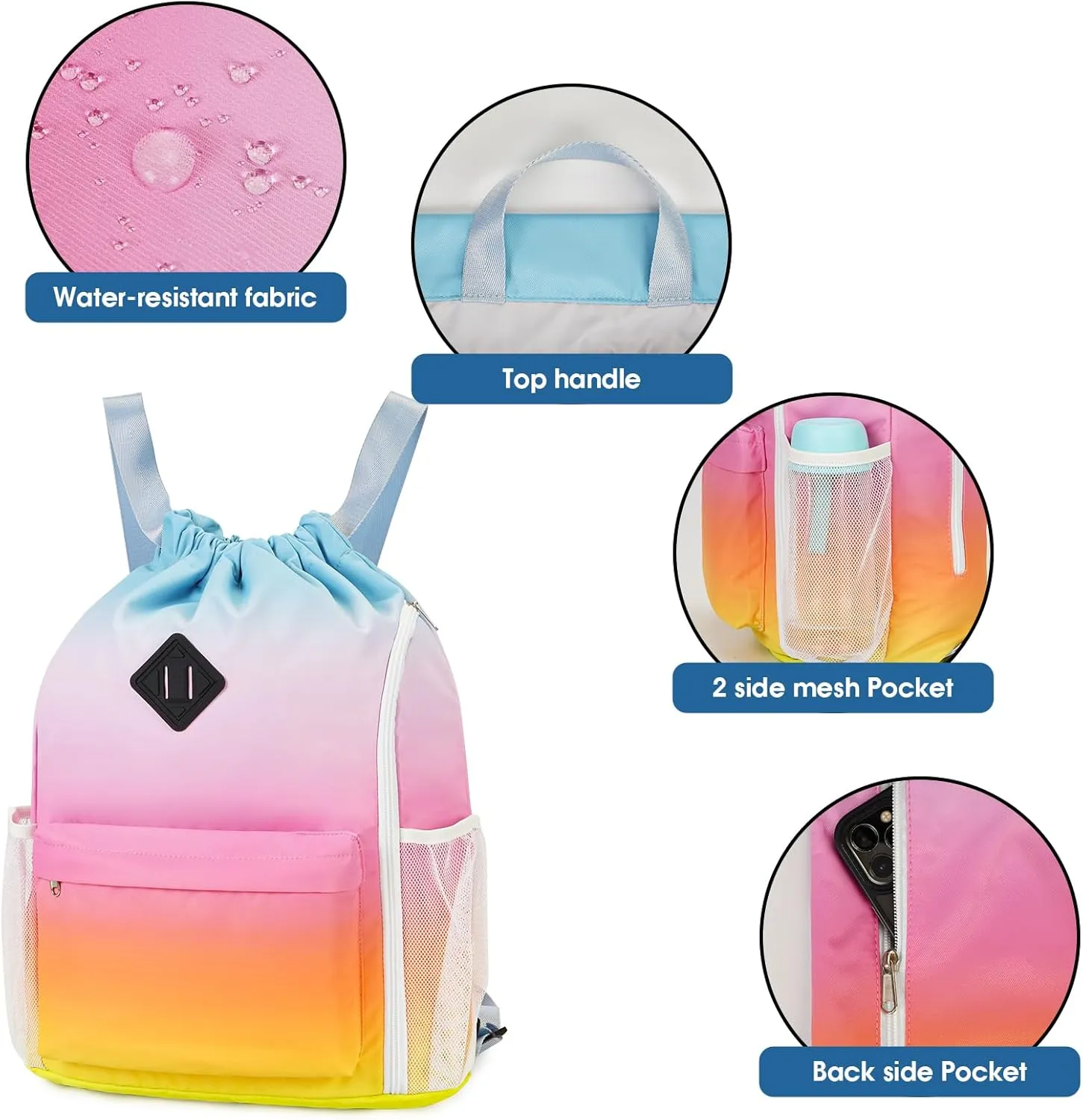 WANDF Drawstring Backpack Sports Gym Bag with Shoes Compartment, Water-Resistant String Backpack Cinch Bag for Women Men (Rainbow)
