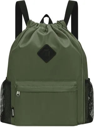 WANDF Drawstring Backpack Sports Gym Bag with Shoes Compartment, Water-Resistant String Backpack Cinch for Women Men (Large,Dark green)