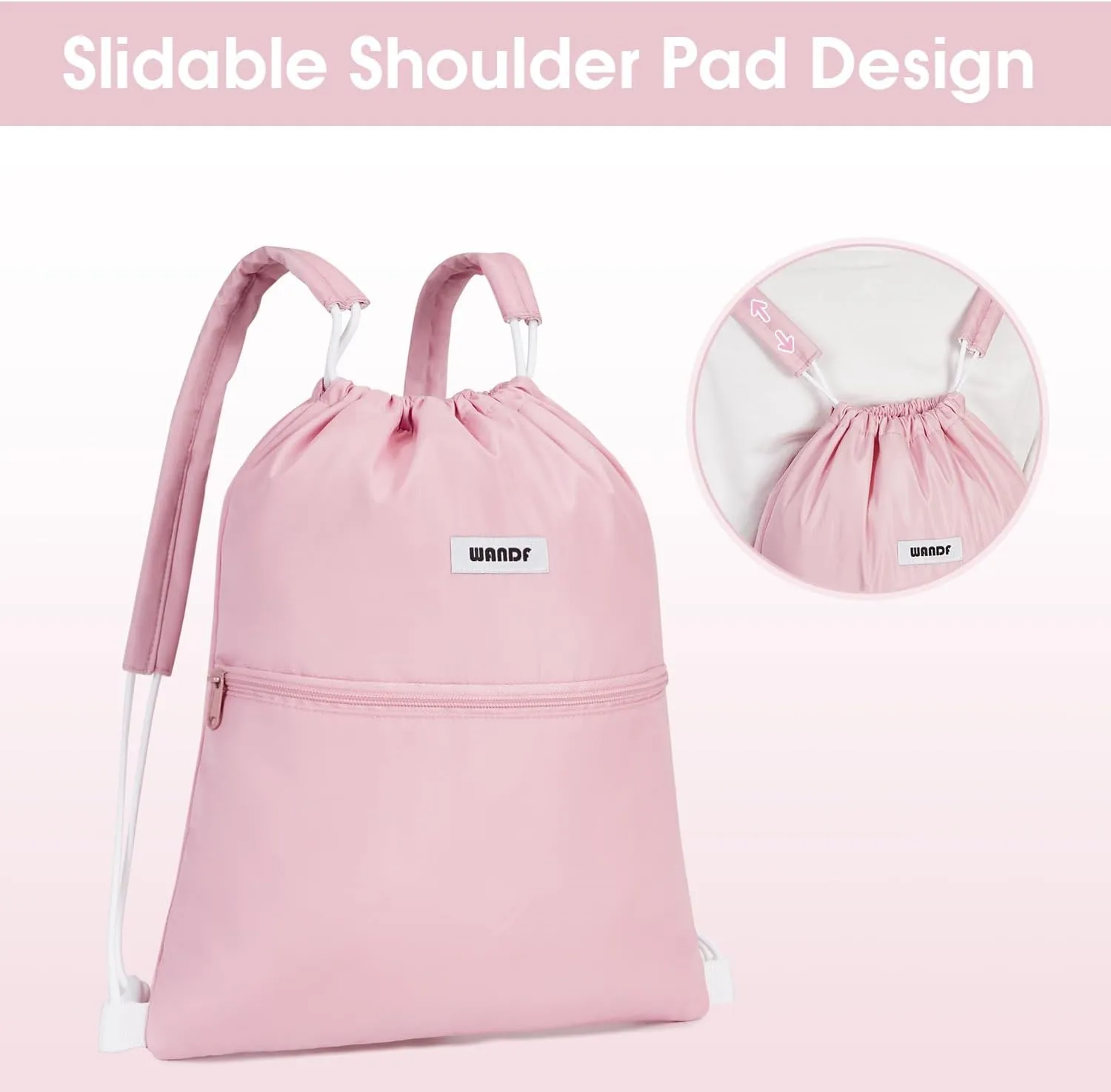 WANDF Drawstring Backpack Sports Gym Bag with Shoulder Pads Water Resistant String Bag Cinch Bag for Women Men (Pink)
