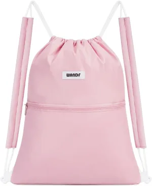 WANDF Drawstring Backpack Sports Gym Bag with Shoulder Pads Water Resistant String Bag Cinch Bag for Women Men (Pink)