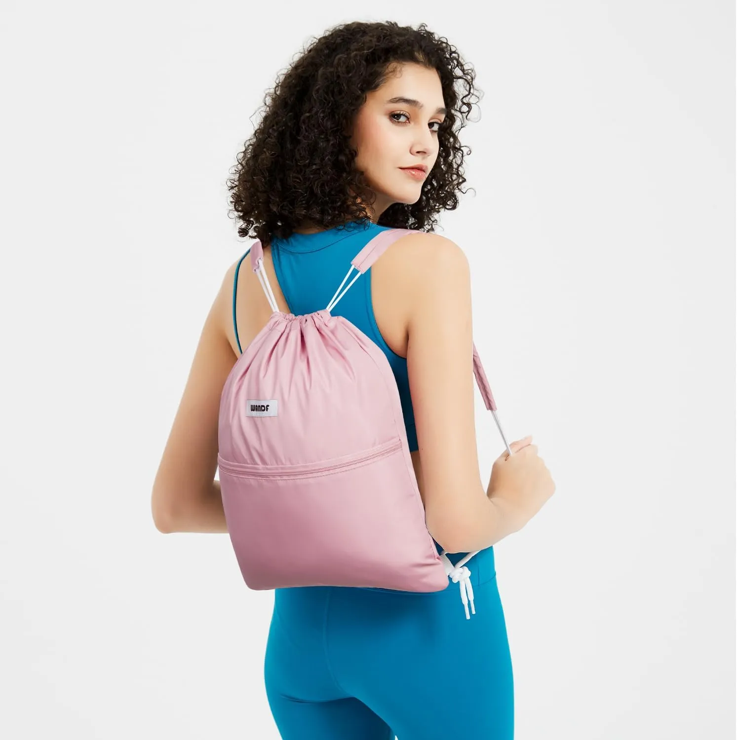 WANDF Drawstring Backpack Sports Gym Bag with Shoulder Pads Water Resistant String Bag Cinch Bag for Women Men (Pink)