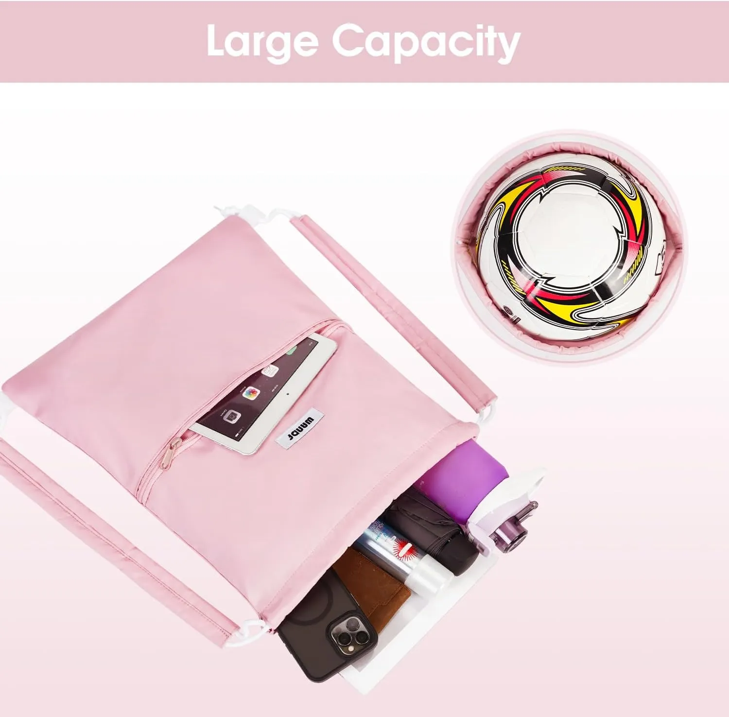 WANDF Drawstring Backpack Sports Gym Bag with Shoulder Pads Water Resistant String Bag Cinch Bag for Women Men (Pink)