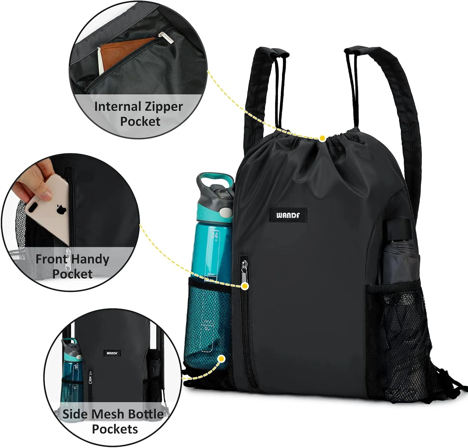 WANDF Drawstring Backpack with Shoulder Pad Sports Gym Backpack with Mesh Pocket String Bag for Women Men(Black)