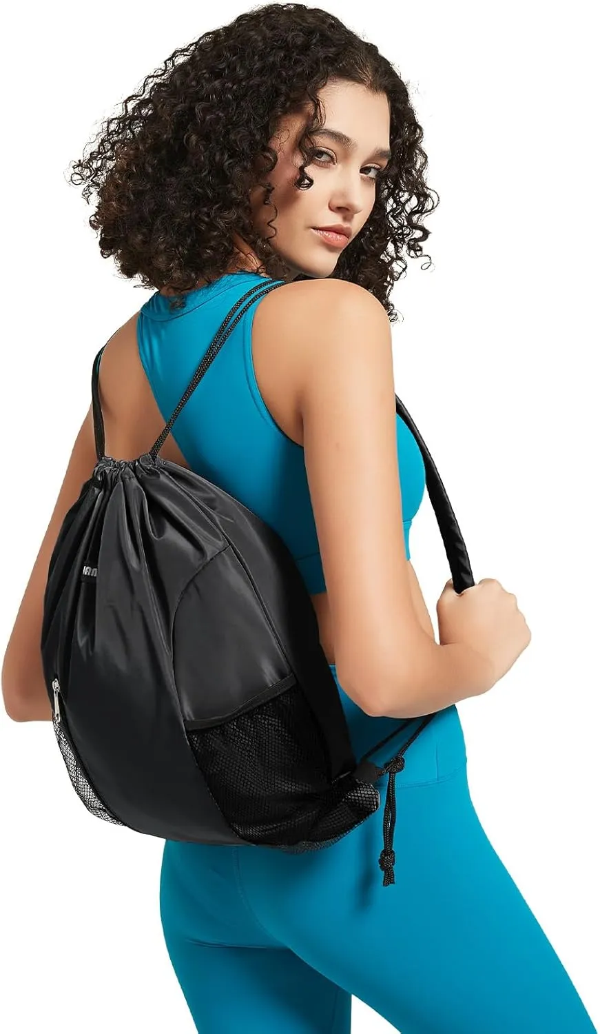 WANDF Drawstring Backpack with Shoulder Pad Sports Gym Backpack with Mesh Pocket String Bag for Women Men(Black)