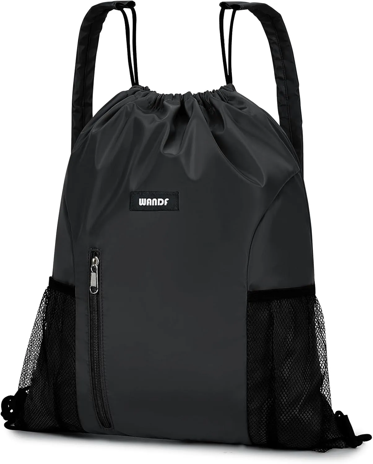 WANDF Drawstring Backpack with Shoulder Pad Sports Gym Backpack with Mesh Pocket String Bag for Women Men(Black)