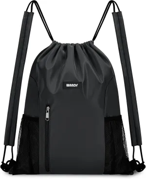 WANDF Drawstring Backpack with Shoulder Pad Sports Gym Backpack with Mesh Pocket String Bag for Women Men(Black)