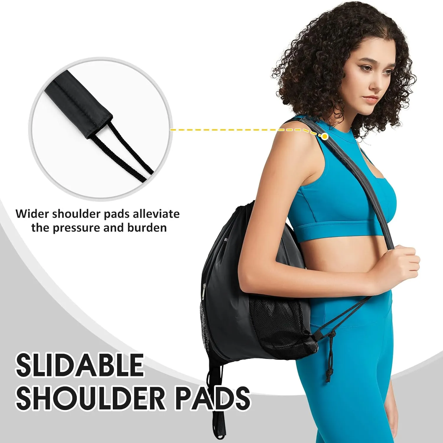 WANDF Drawstring Backpack with Shoulder Pad Sports Gym Backpack with Mesh Pocket String Bag for Women Men(Black)