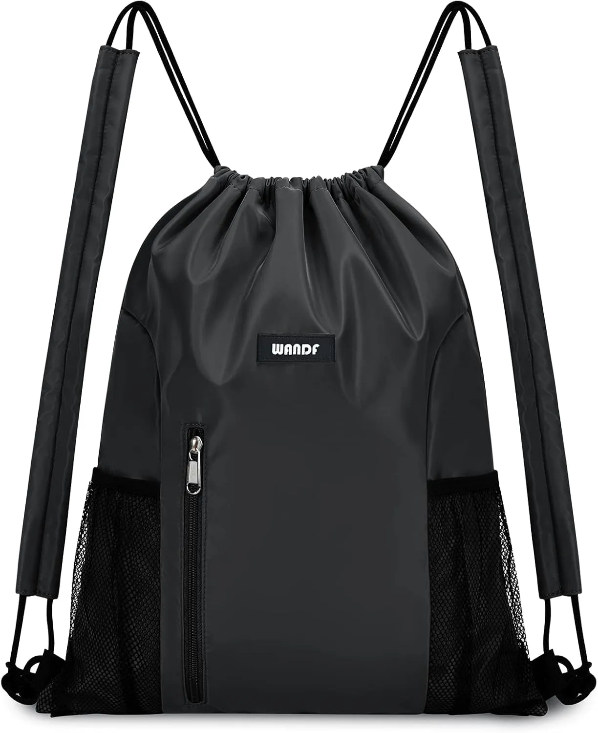 WANDF Drawstring Backpack with Shoulder Pad Sports Gym Backpack with Mesh Pocket String Bag for Women Men(Black)