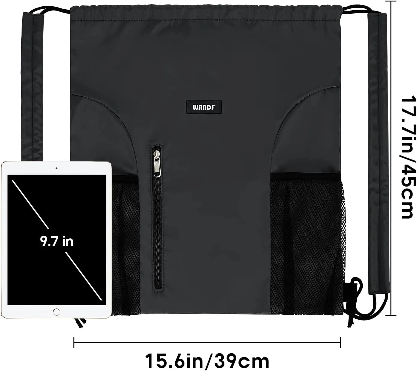 WANDF Drawstring Backpack with Shoulder Pad Sports Gym Backpack with Mesh Pocket String Bag for Women Men(Black)