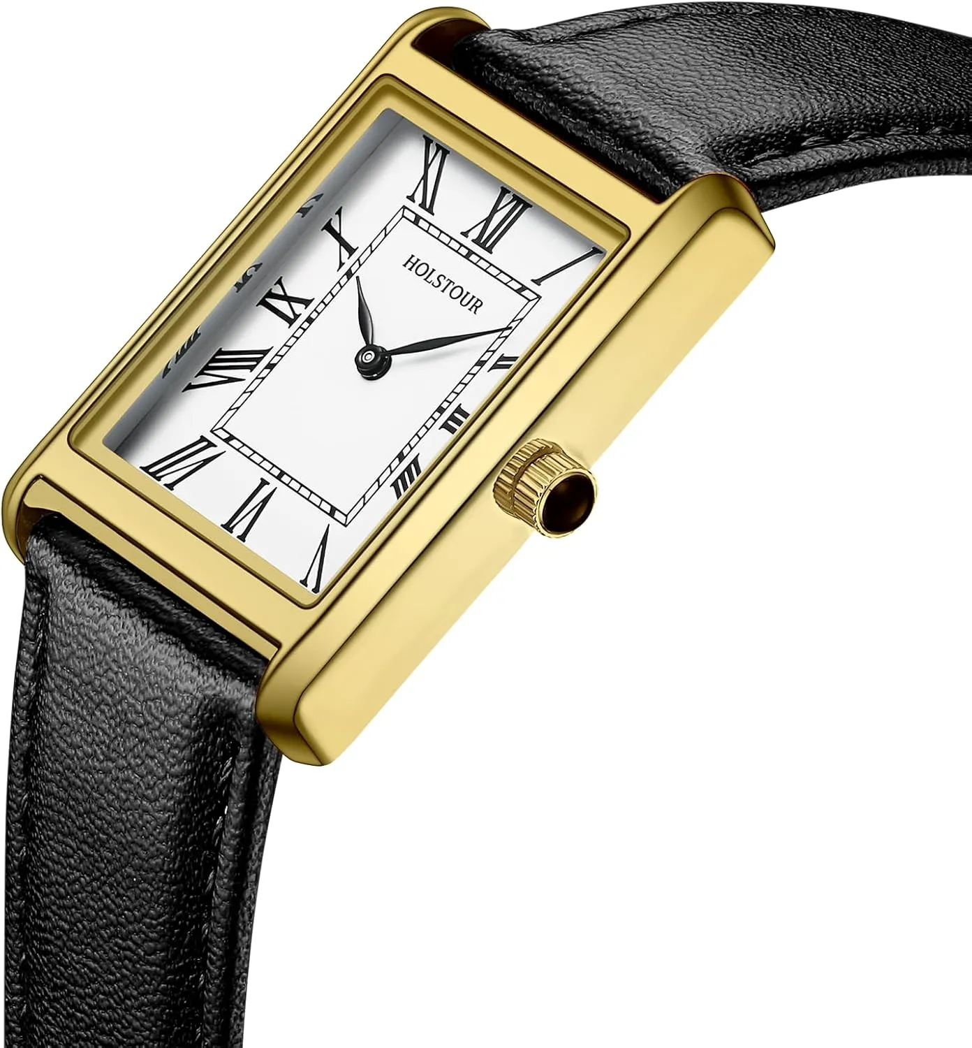 Watches for Men Business Simple Model Rectangle Roman Numerals Case Water Resistant with Leather Strap