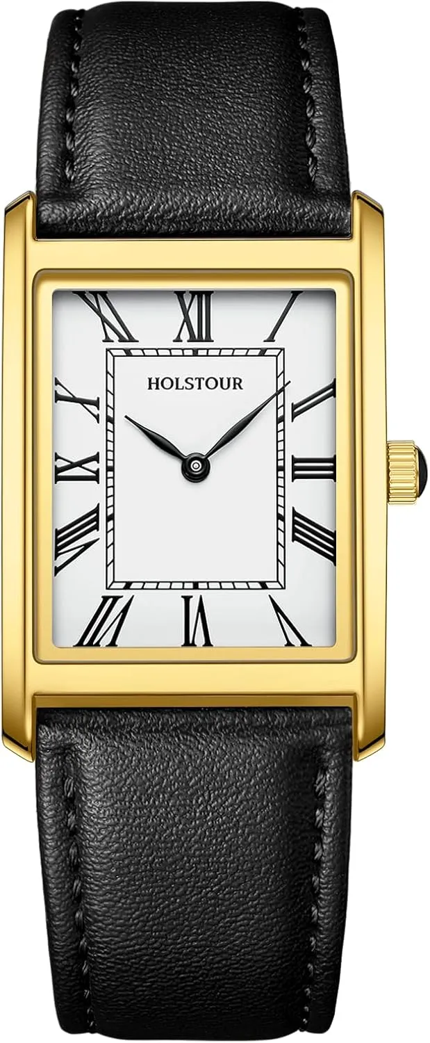 Watches for Men Business Simple Model Rectangle Roman Numerals Case Water Resistant with Leather Strap