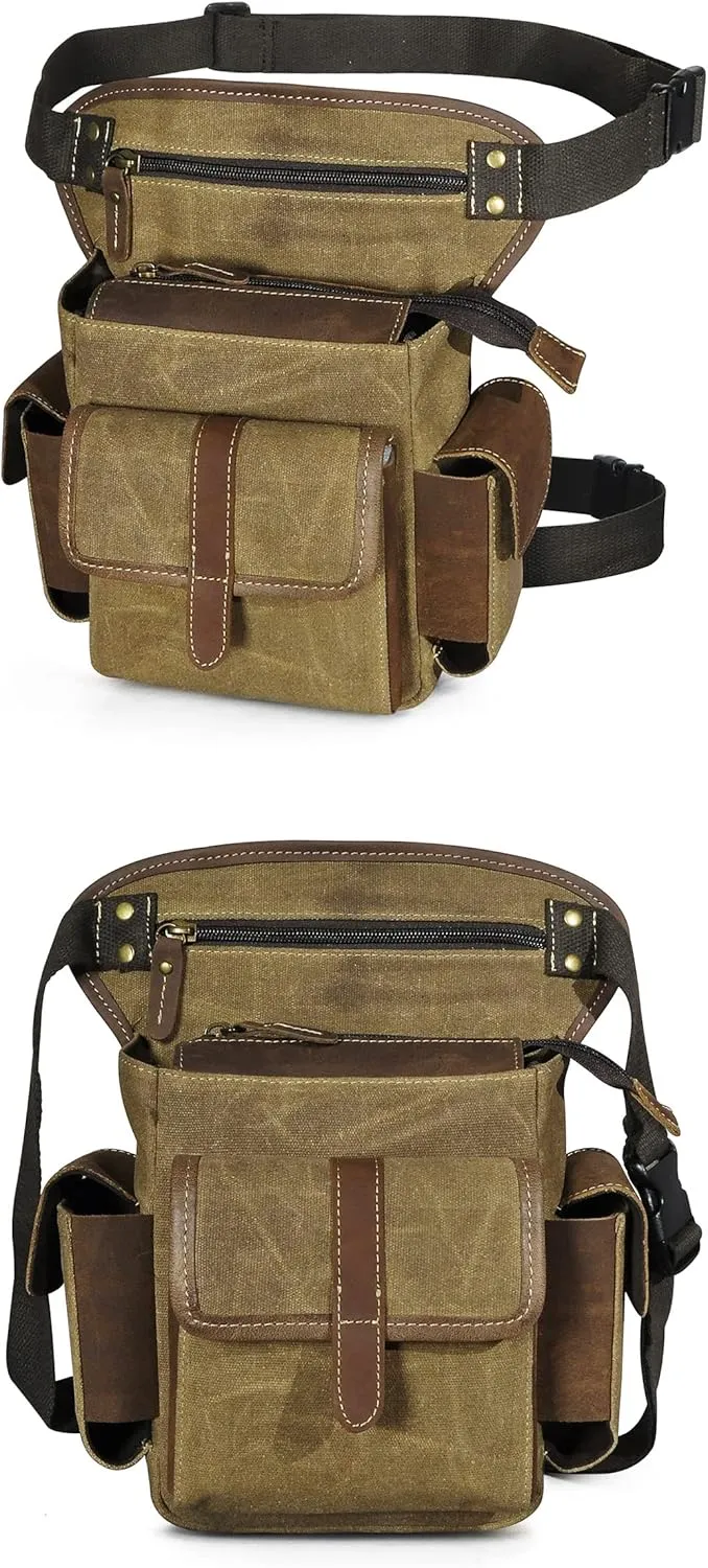Water Resistant Canvas   Leather Motorcycle Travel Fanny Waist Pack Drop Thigh Leg Bag Pouch For Men Women FB913-5