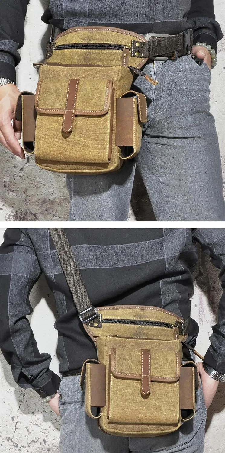 Water Resistant Canvas   Leather Motorcycle Travel Fanny Waist Pack Drop Thigh Leg Bag Pouch For Men Women FB913-5