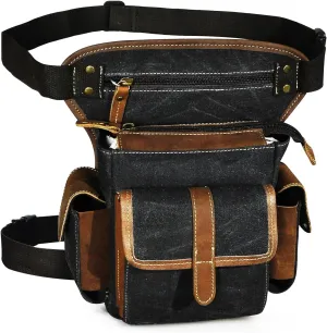 Water Resistant Canvas   Leather Motorcycle Travel Fanny Waist Pack Drop Thigh Leg Bag Pouch For Men Women FB913-5