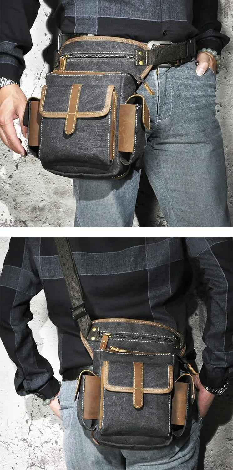 Water Resistant Canvas   Leather Motorcycle Travel Fanny Waist Pack Drop Thigh Leg Bag Pouch For Men Women FB913-5
