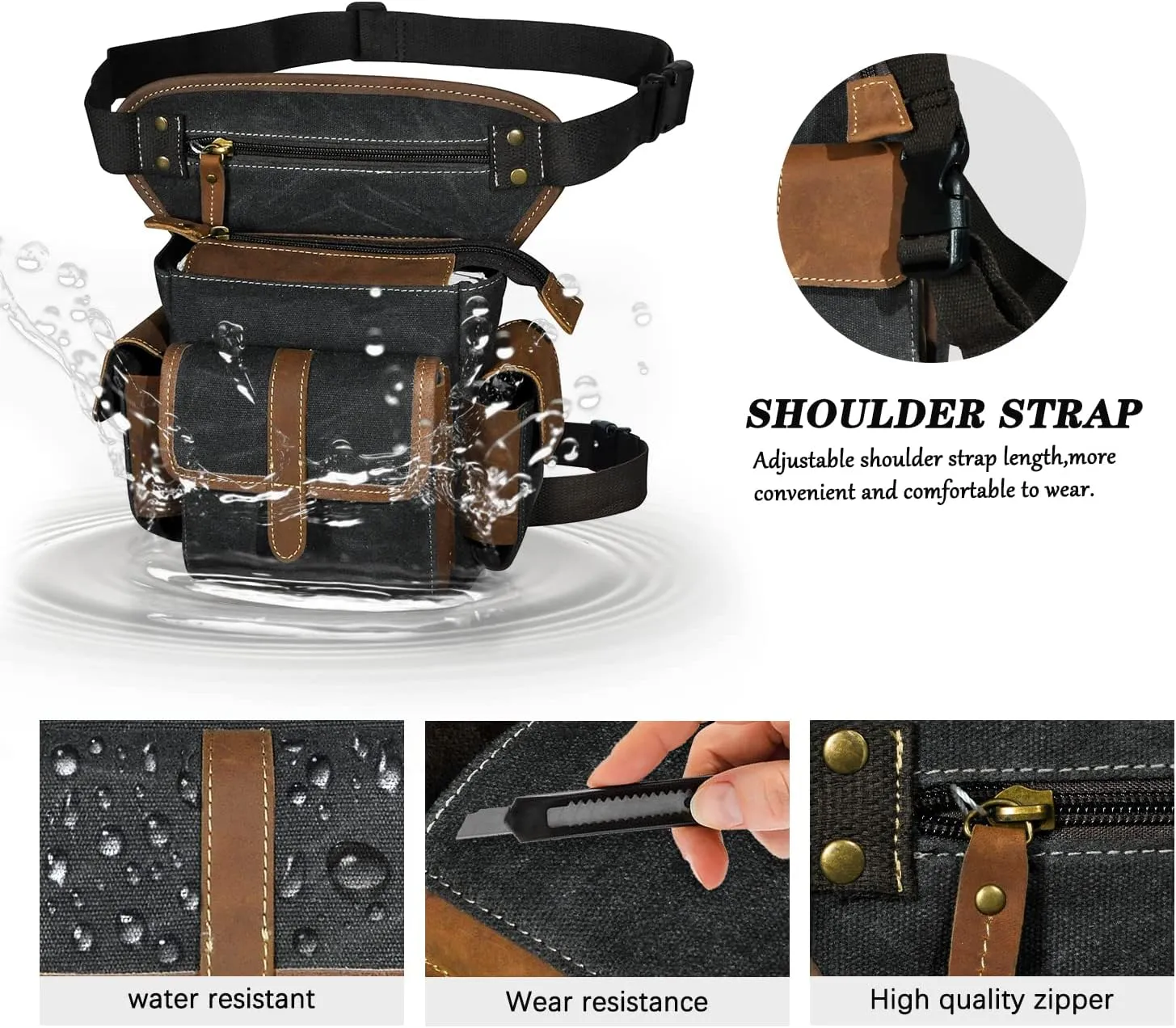 Water Resistant Canvas   Leather Motorcycle Travel Fanny Waist Pack Drop Thigh Leg Bag Pouch For Men Women FB913-5