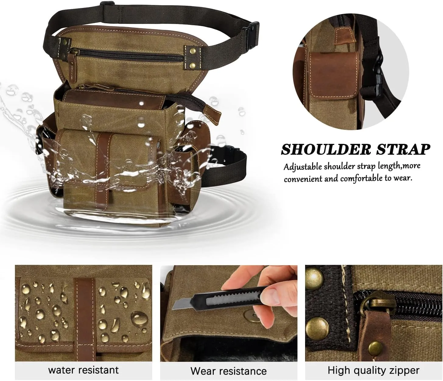 Water Resistant Canvas   Leather Motorcycle Travel Fanny Waist Pack Drop Thigh Leg Bag Pouch For Men Women FB913-5