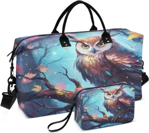 Watercolor Owl Wings Branch Sports Gym Bag for Women Men Travel Duffel Bag Weekend Overnight Carry on Bag with Toiletry Bag Workout Dance Bag for Workout Swimming Yoga Plane Hospital