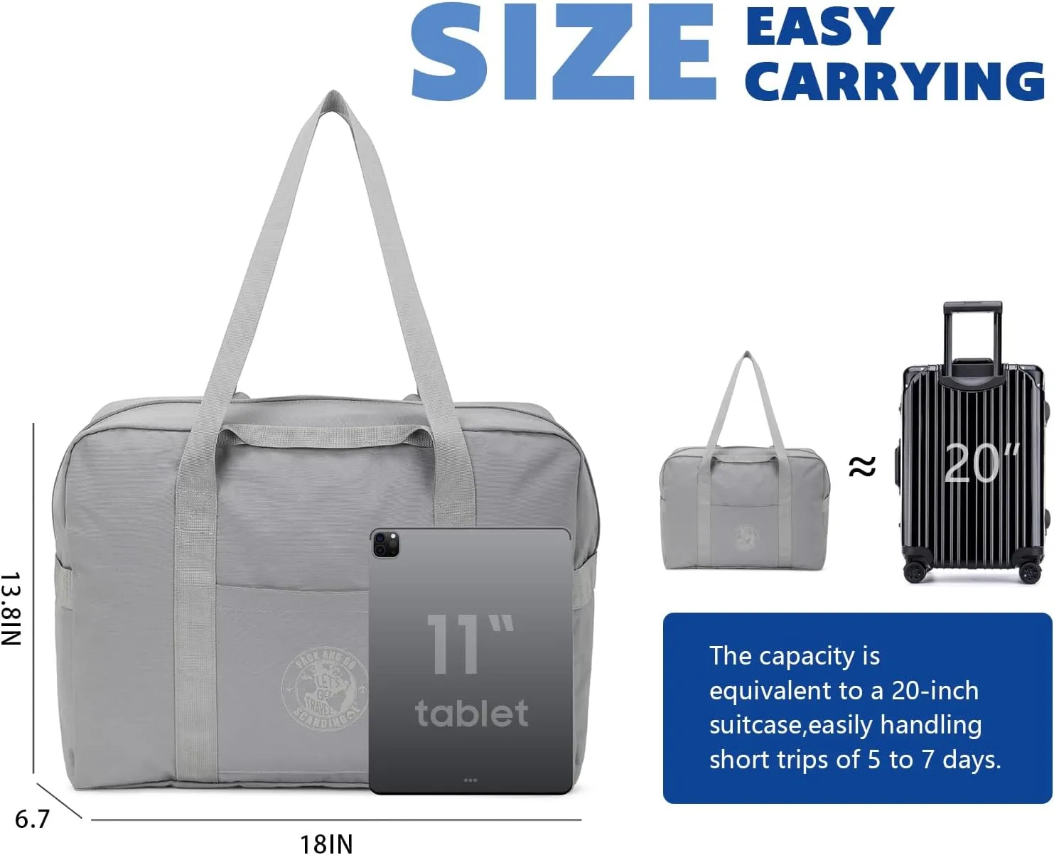 Weekender Bags for Women, Travel Duffel Bags, Water Resistant Personal Item/Carry Bag, Carry on Overnight Bag, Foldable Gym Bag for Travelling, Sports (Gray)