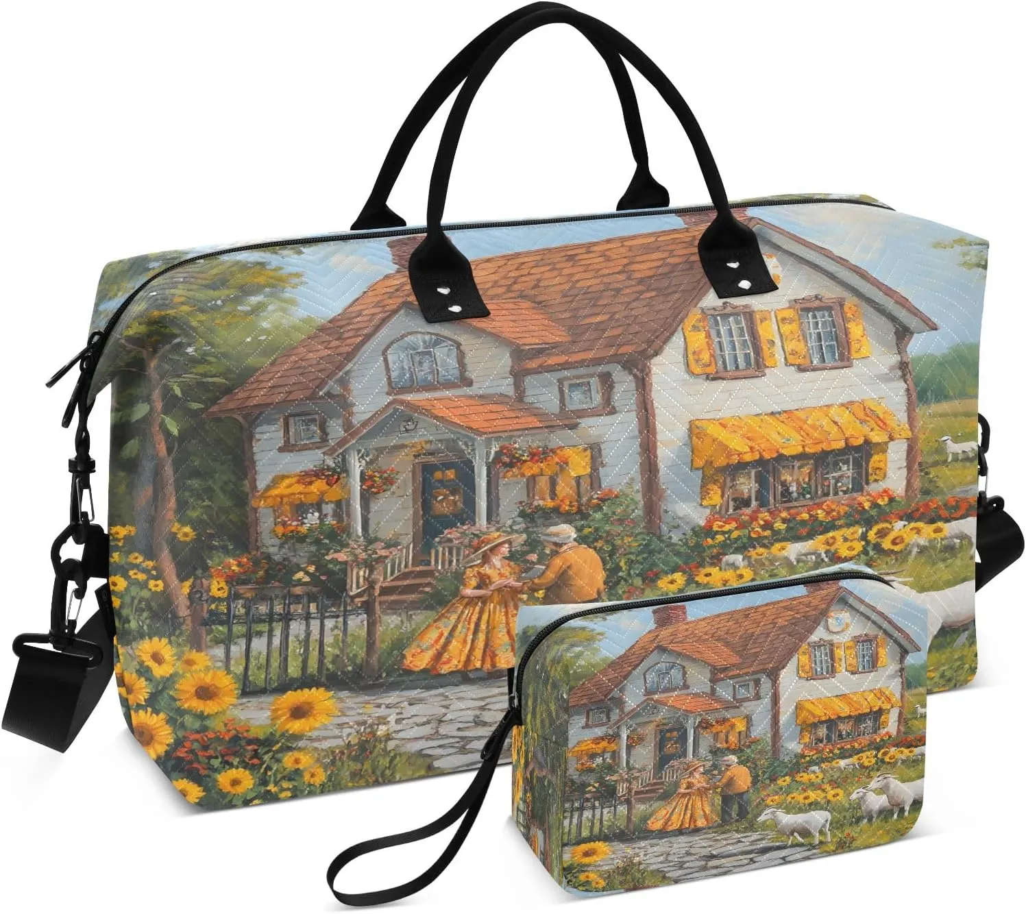 Weekender Bags Travel Duffel Gym Bag Country Cottage Carry on Overnight Tote Bag with Toiletry Bag for Airplane Travel Trip Gym Yoga
