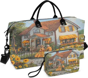 Weekender Bags Travel Duffel Gym Bag Country Cottage Carry on Overnight Tote Bag with Toiletry Bag for Airplane Travel Trip Gym Yoga