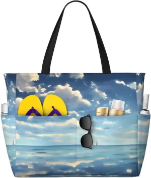 White clouds over the sea Print 28L Beach Tote Bag, Water-resistant Travel Tote, Lightweight Gym & Camping Carryall