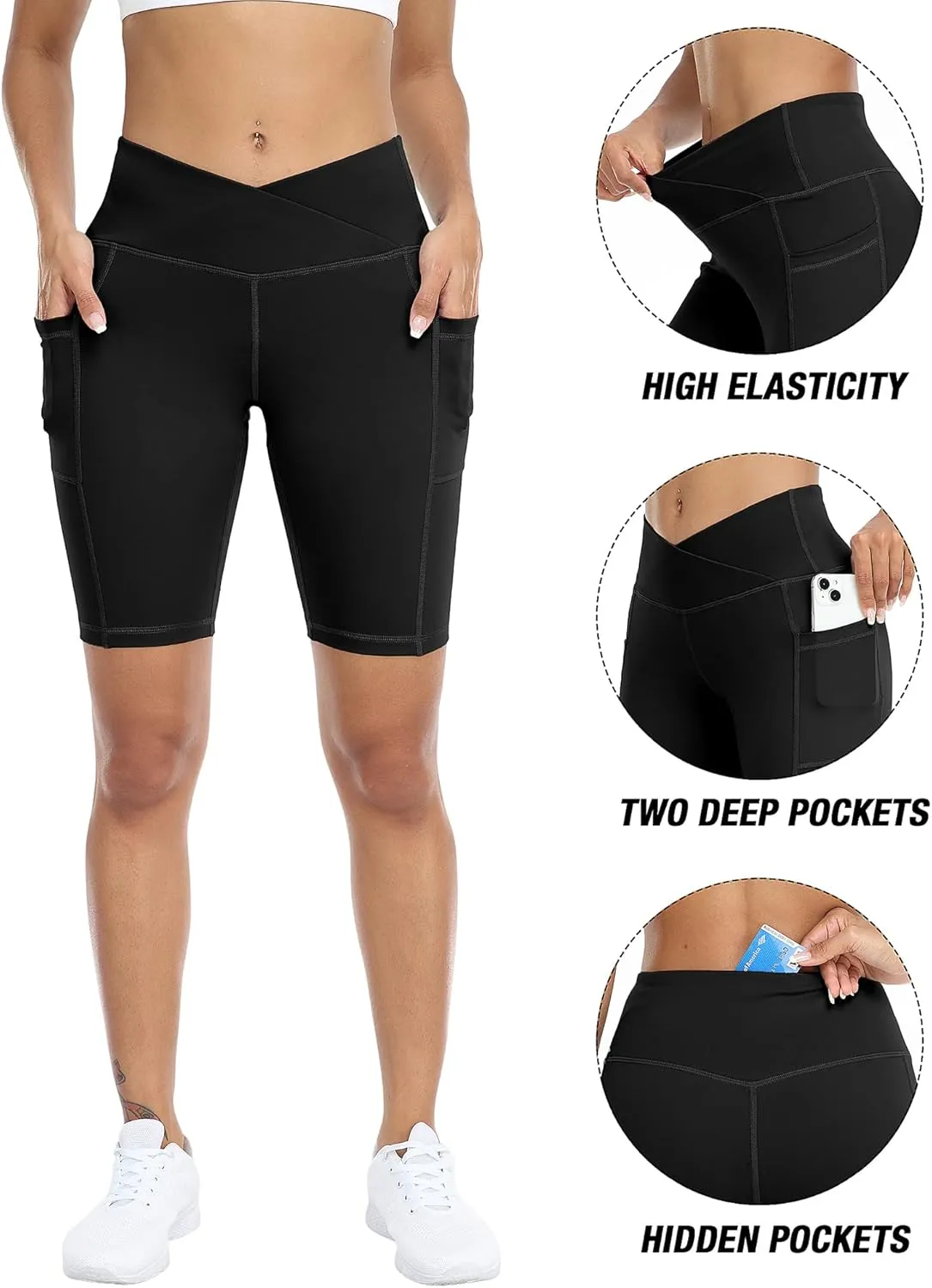WHOUARE 4 Pack Biker Yoga Shorts with Pockets for Women,High Waisted Athletic Running Workout Gym Shorts Tummy Control