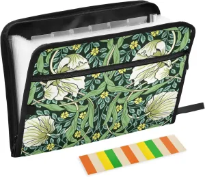 William Morris White Flowers, Yellow Flowers, Green Foliage Leaves Expandable File Folder, with Smooth Zipper 13 Pocket Waterproof Accordion Document Folder Labels for Letter A4 Size