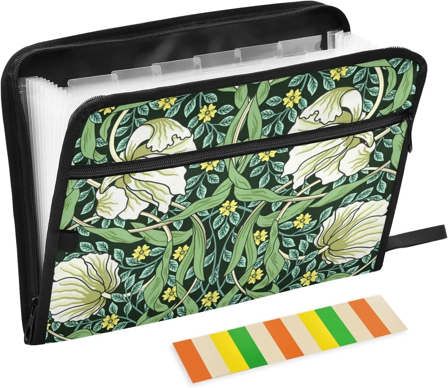 William Morris White Flowers, Yellow Flowers, Green Foliage Leaves Expandable File Folder, with Smooth Zipper 13 Pocket Waterproof Accordion Document Folder Labels for Letter A4 Size