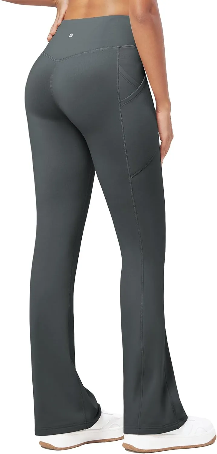 Willit Women's Fleece Lined Pants Thermal Leggings Winter Bootcut Yoga Pants Zipper Pockets Flare High Waist Water Resistant