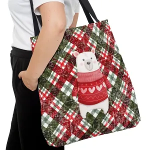 Winter Polar Bear in Sweater Large Tote Bag: Festive Holiday Plaid Design
