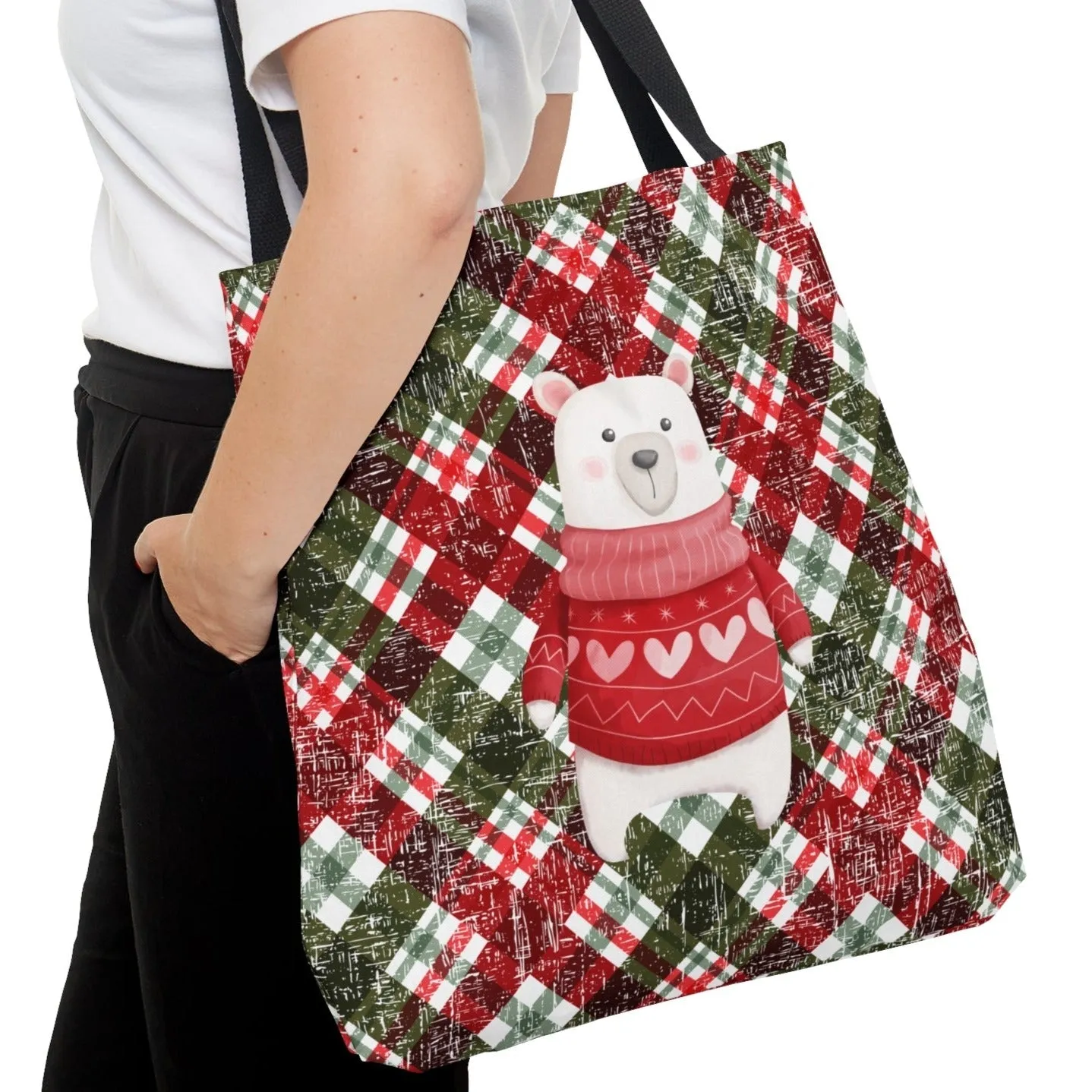 Winter Polar Bear in Sweater Large Tote Bag: Festive Holiday Plaid Design