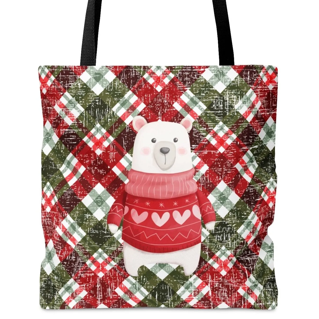 Winter Polar Bear in Sweater Large Tote Bag: Festive Holiday Plaid Design