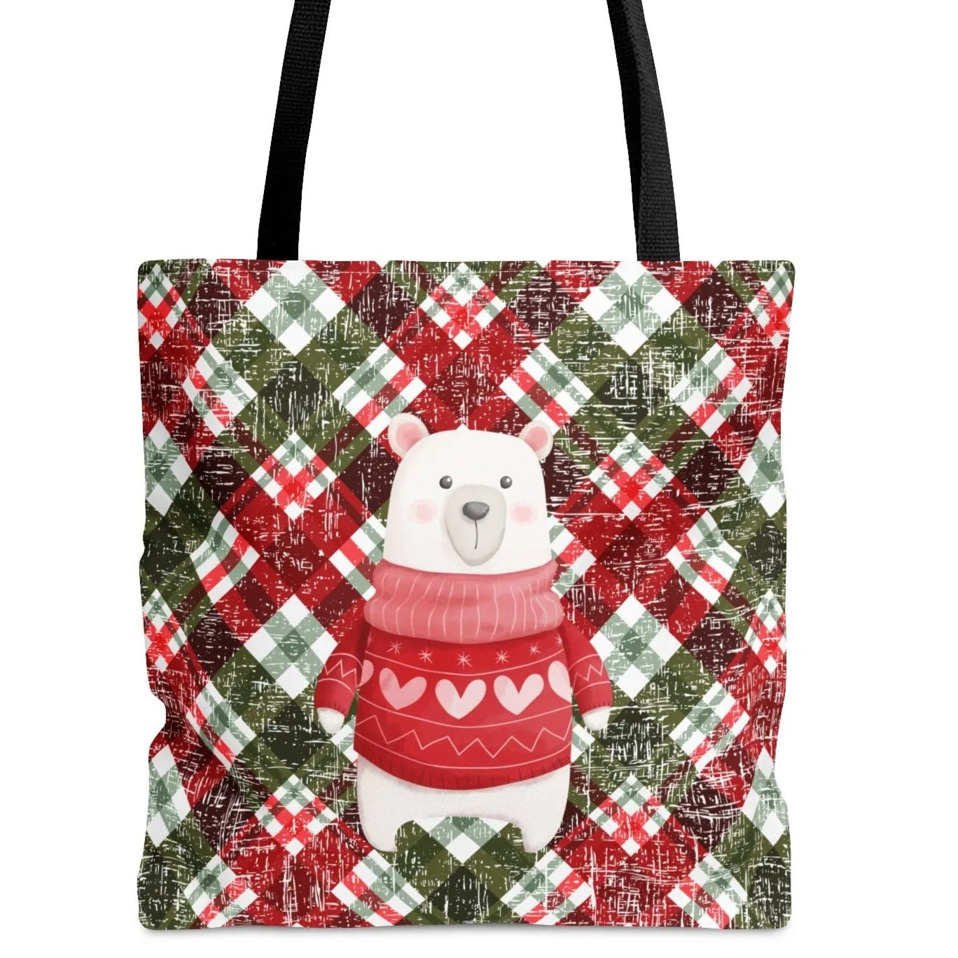 Winter Polar Bear in Sweater Large Tote Bag: Festive Holiday Plaid Design