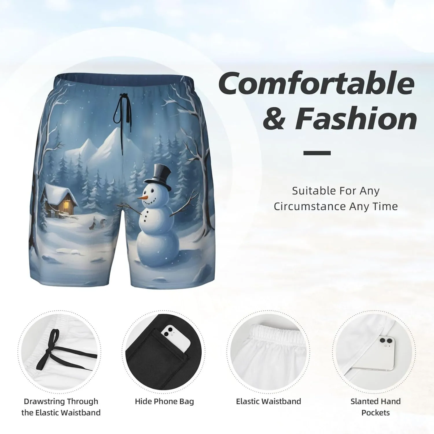 Winter Snowman Print Men's Double Layer Swim Shorts, Gym Workout Shorts with Pocket